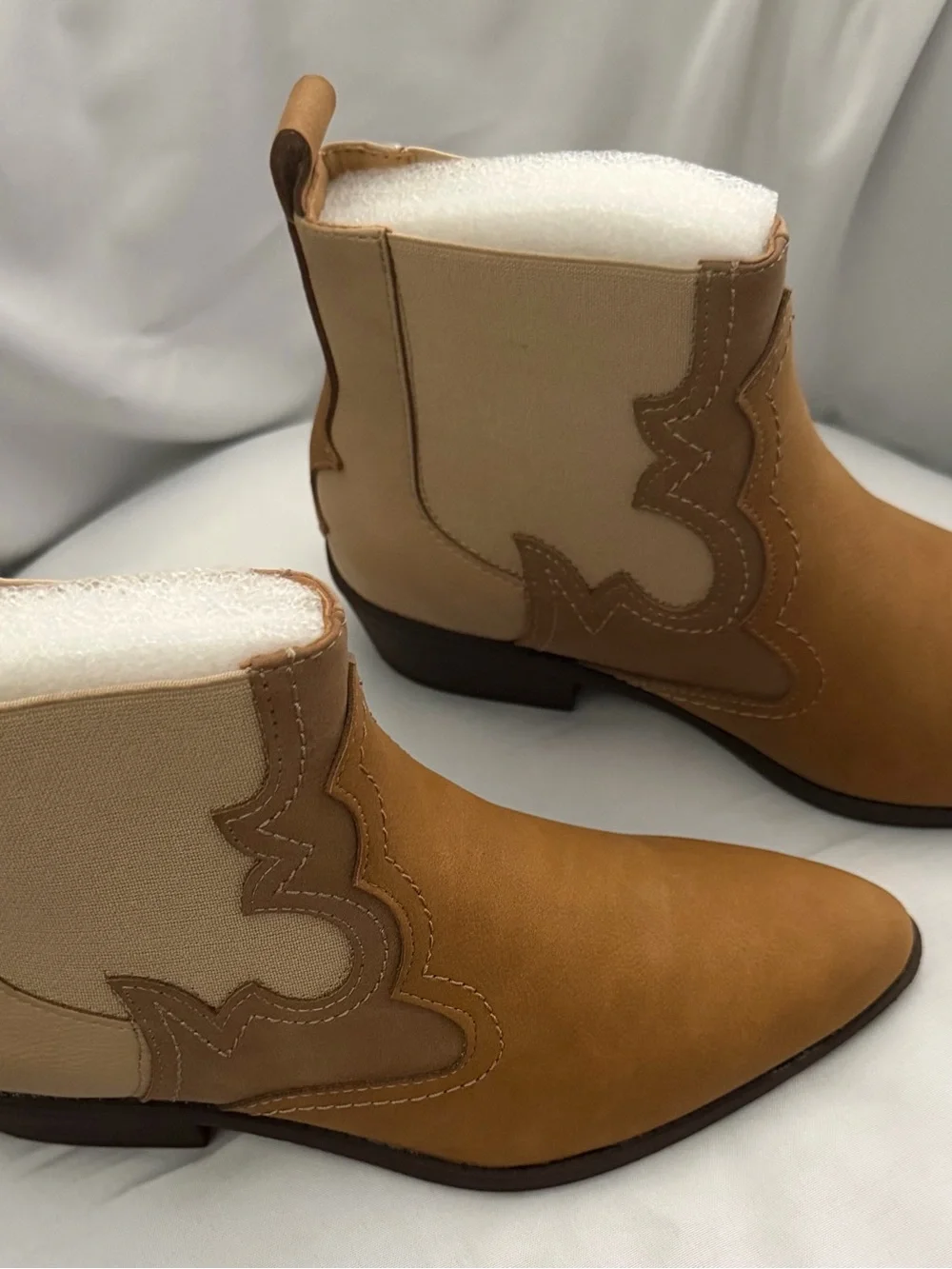 Women's Tan Western side gore Ankle Boot faux leather 1.5 inch heel